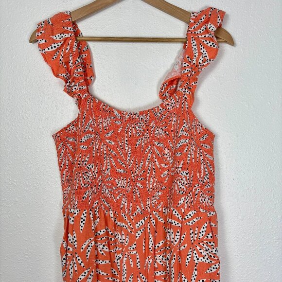 Loft Orange Leaf Dot Smocked Ruffle Strap Wide Leg Jumpsuit Size: XL Petite - Picture 2 of 10